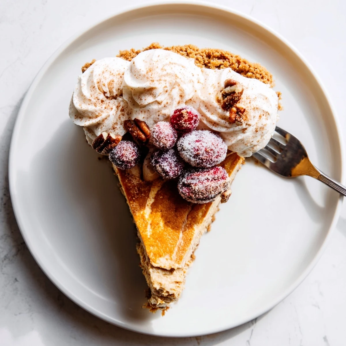 Creamy pumpkin spice Christmas cheesecake slice with whipped cream topping and cinnamon dusting