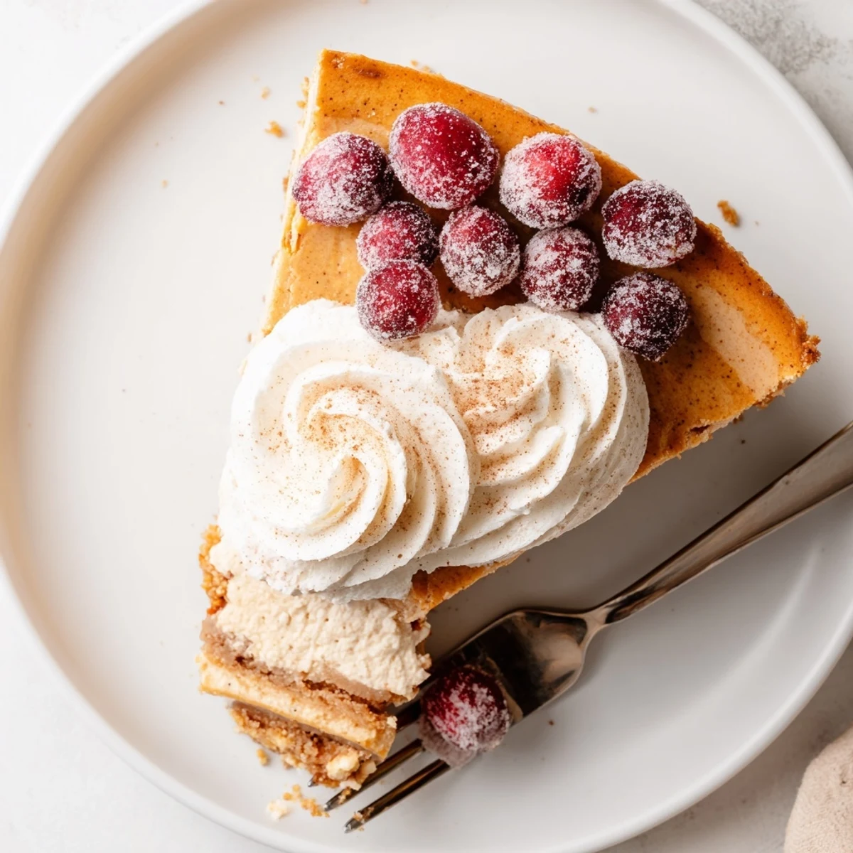 Rich pumpkin spice cheesecake on graham cracker crust served for holiday dessert table