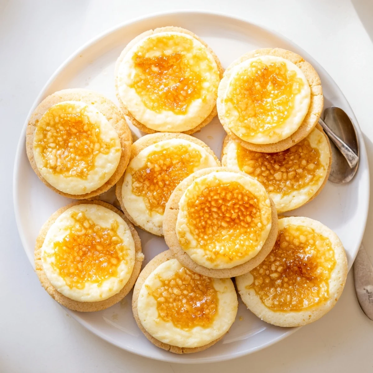 Golden crème brûlée shortbread cookies with cracked caramelized sugar tops on a white plate