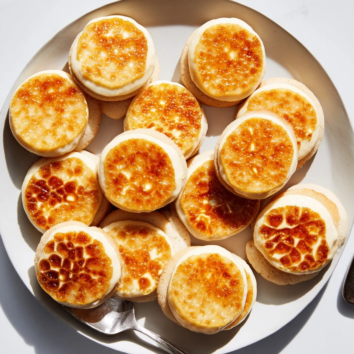 Buttery shortbread cookies topped with creamy custard and torched caramel sugar coating