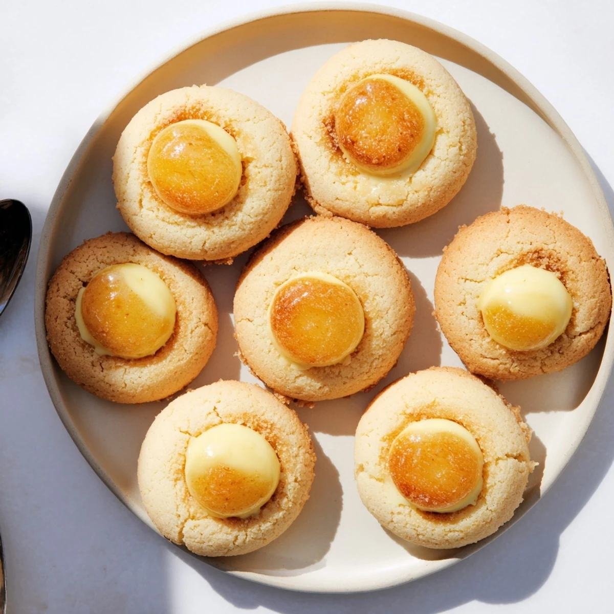 Close up of French dessert cookies featuring crisp caramelized sugar and custard filling
