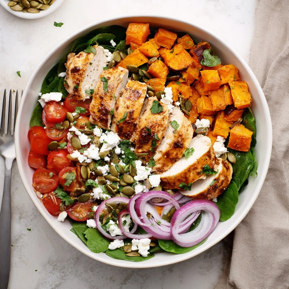 Golden roasted chicken glazed with maple Dijon atop sweet potato cubes and fresh greens