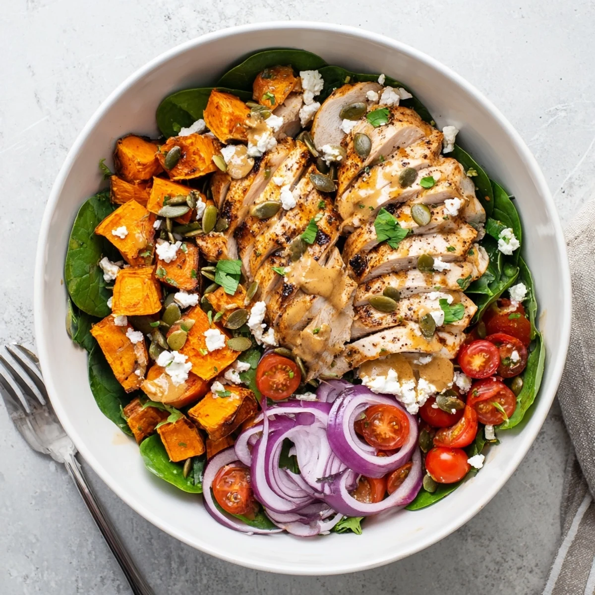 Colorful bowl featuring sliced maple Dijon chicken with roasted sweet potatoes and vibrant vegetables