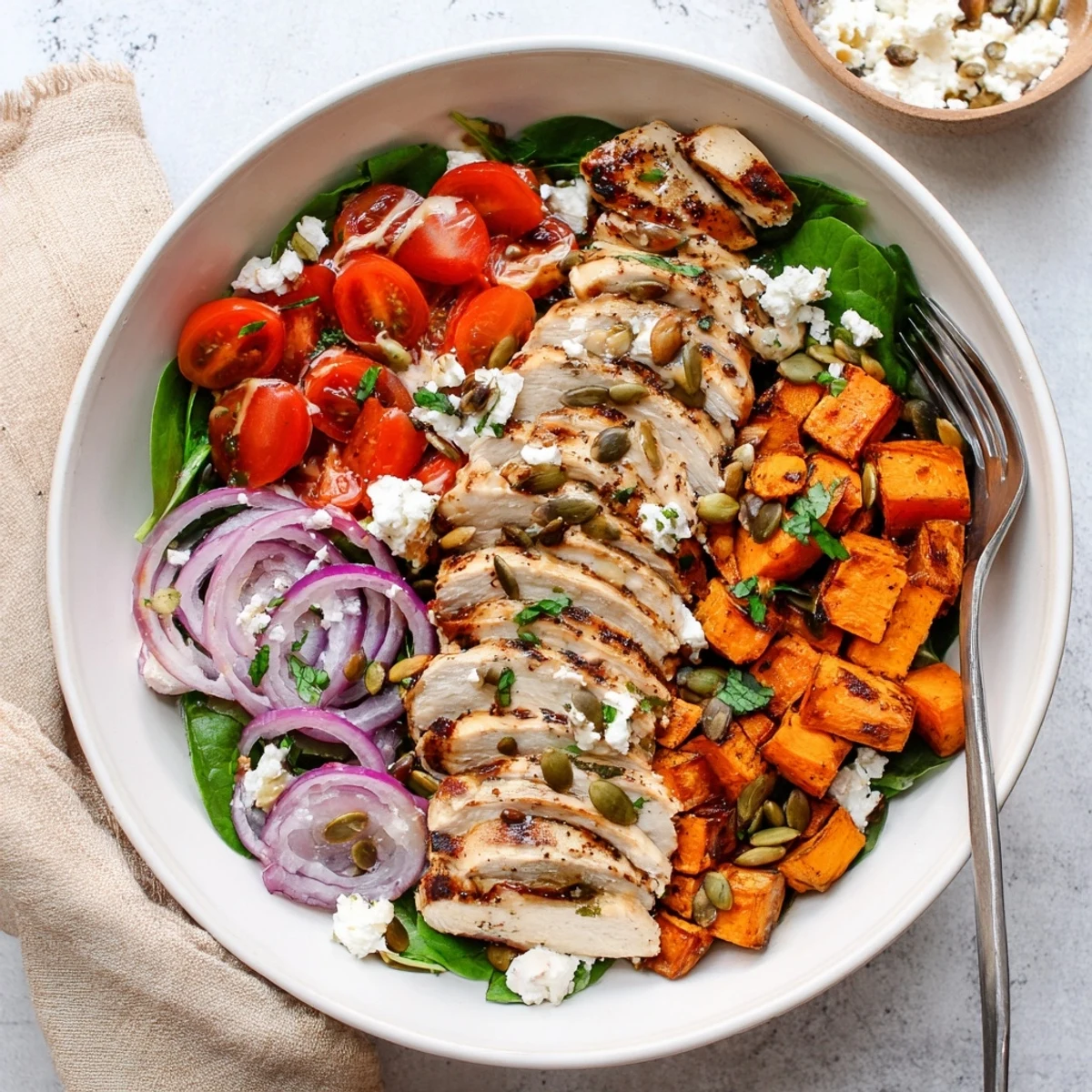 Juicy maple Dijon chicken breast served over roasted sweet potatoes with spinach and cherry tomatoes