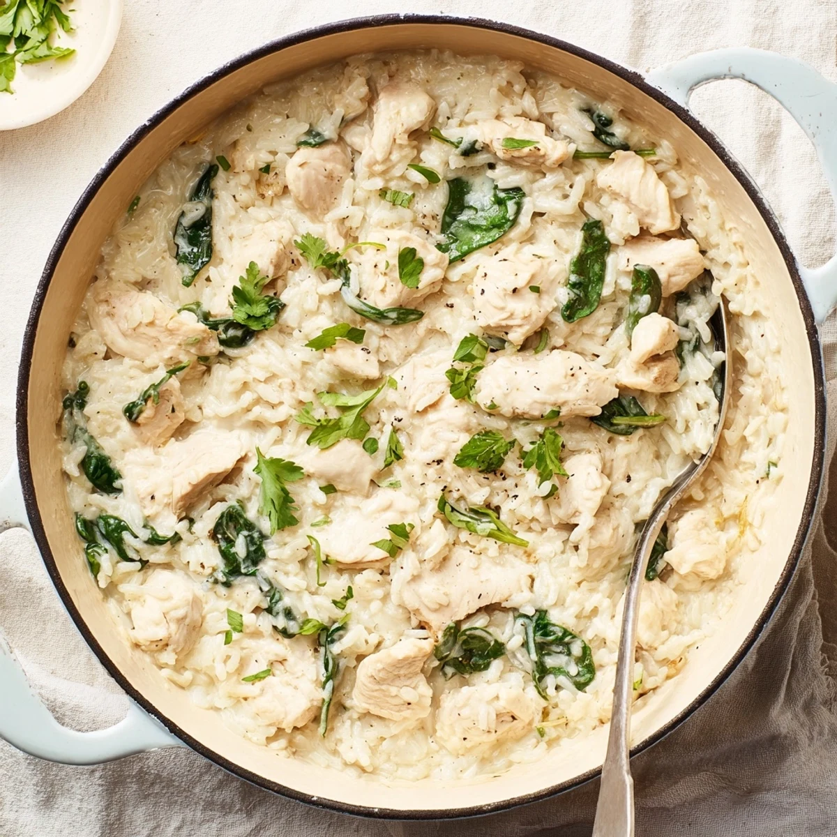 One pot angel chicken rice bake garnished with fresh parsley and baby spinach