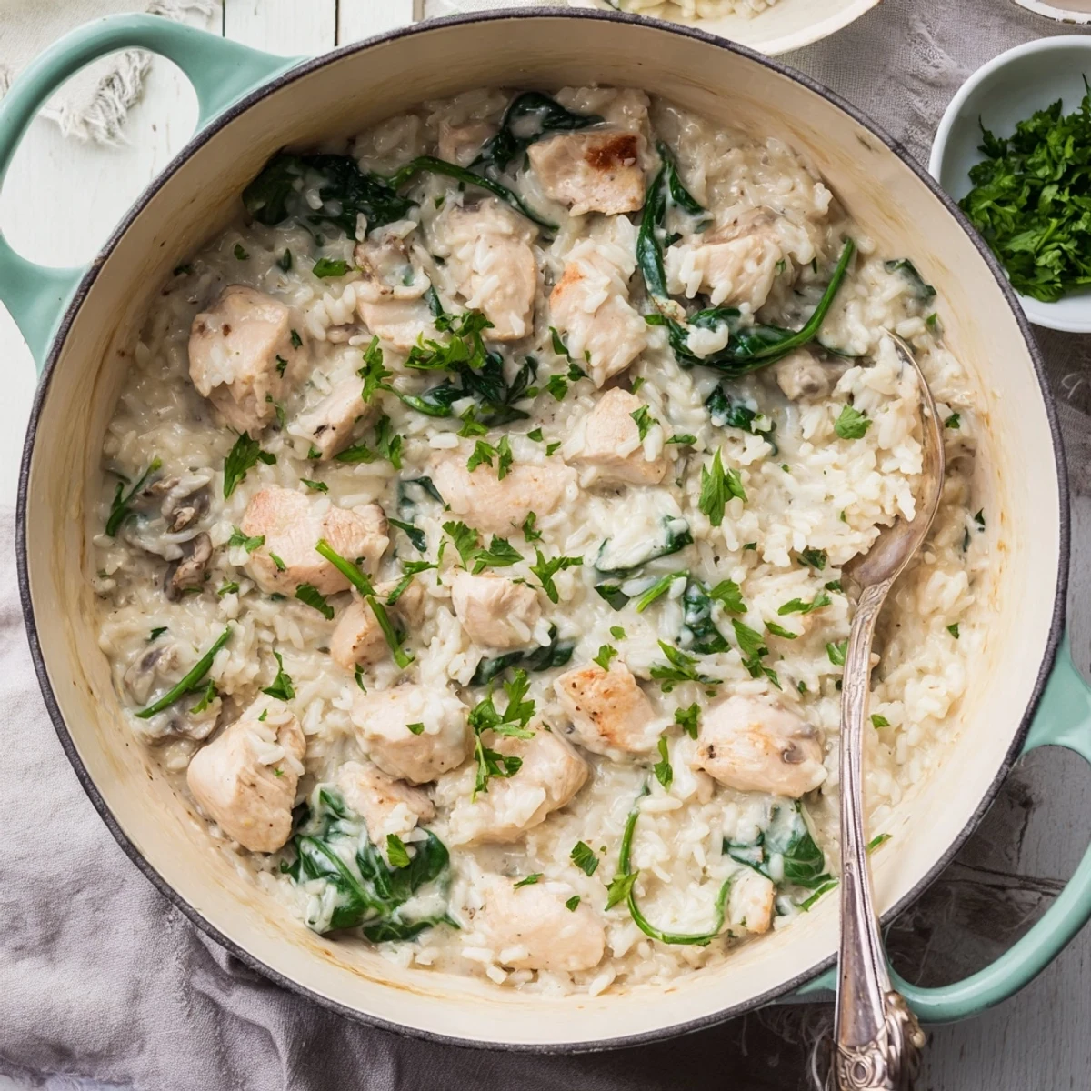 Creamy chicken and rice casserole bubbling in an oven-safe pot with golden brown topping
