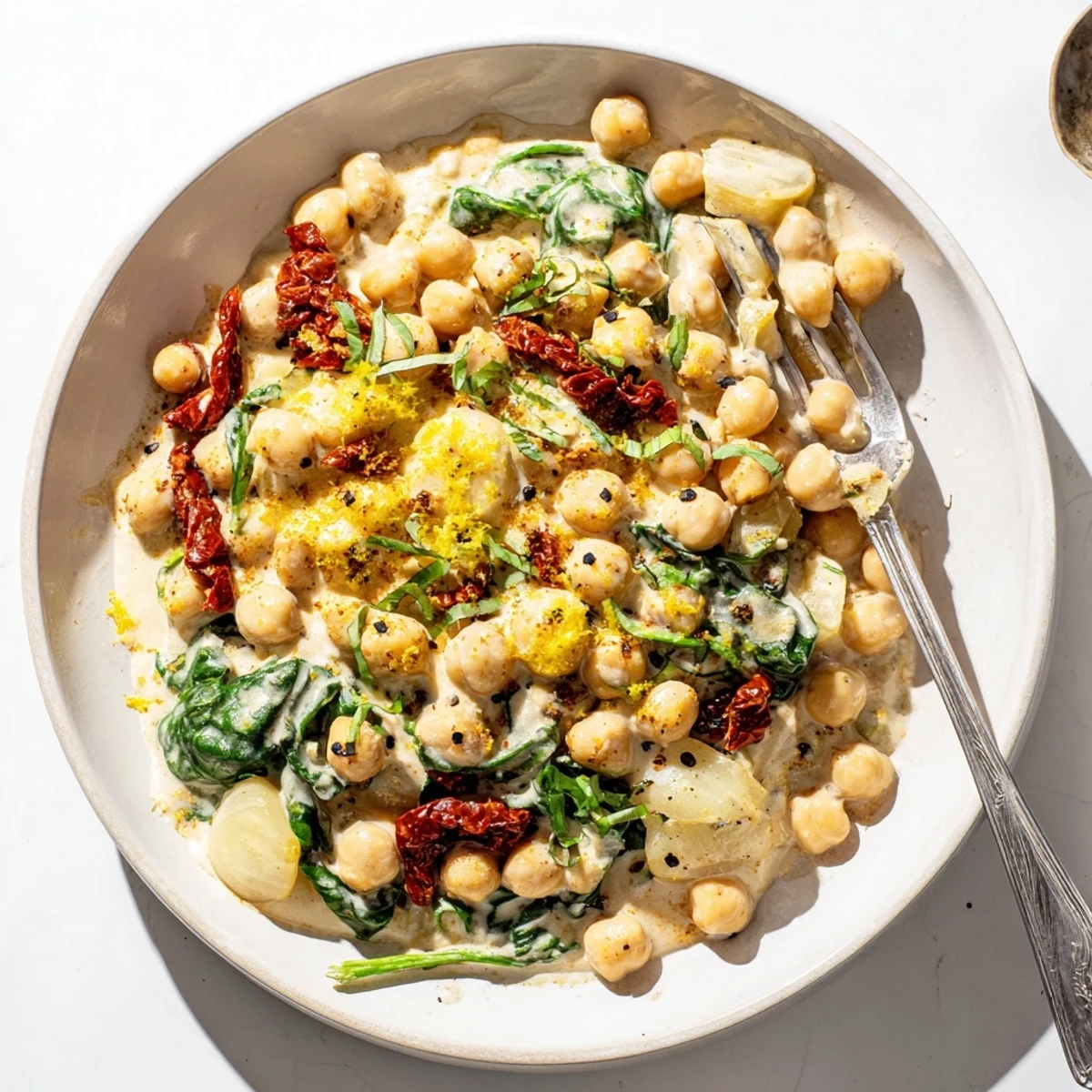 Golden Marry Me Chickpeas skillet featuring wilted spinach and aromatic herbs in a rich cream sauce