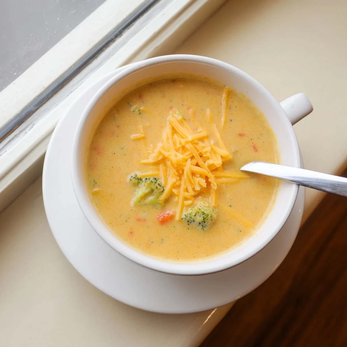 Golden bowl of creamy slow cooker broccoli cheddar soup topped with melted cheese