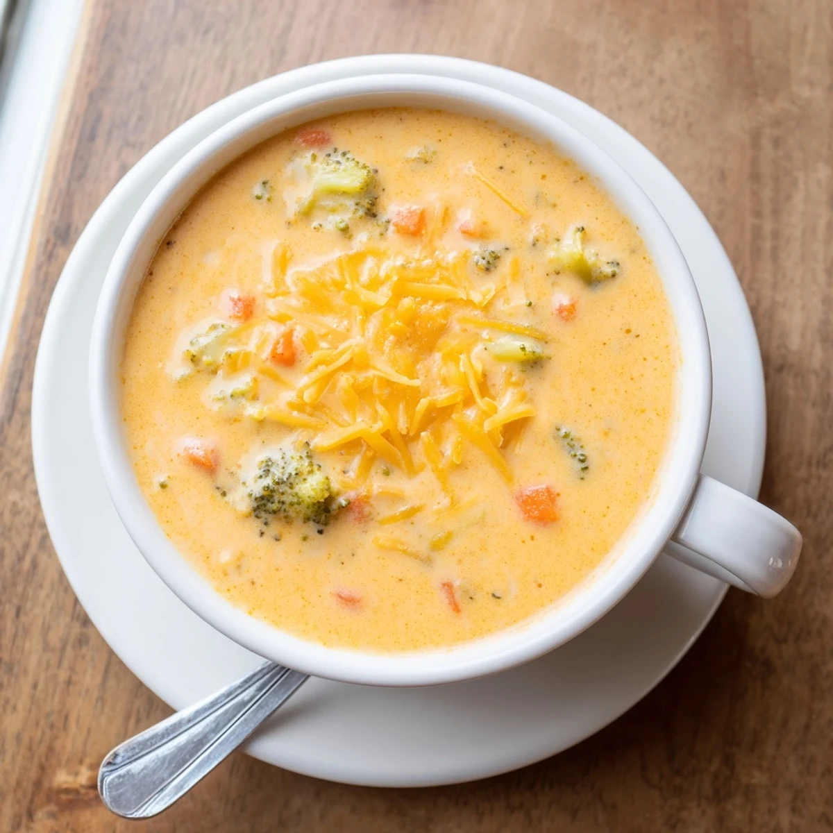 Rich and velvety broccoli cheddar soup in a white bowl garnished with fresh green florets