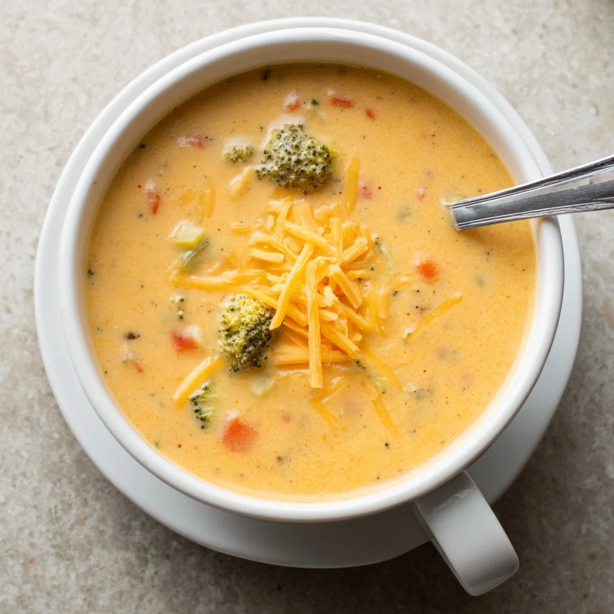 Comforting slow cooker broccoli cheddar soup served with crusty bread on a wooden table