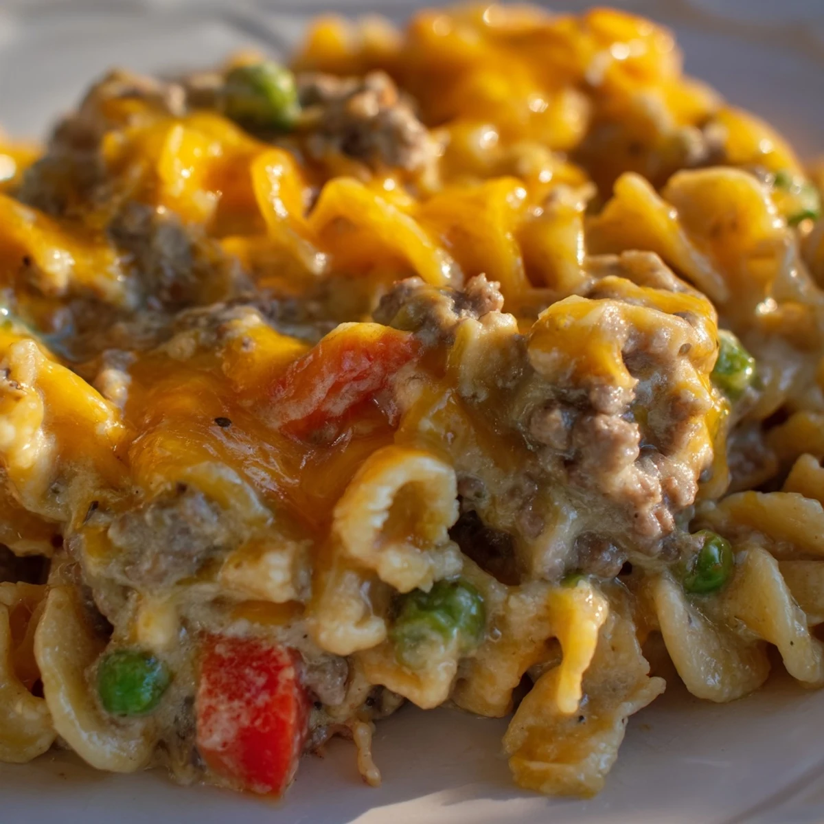 Golden bubbly Cheesy Beef and Noodle Casserole fresh from the oven with melted cheddar topping