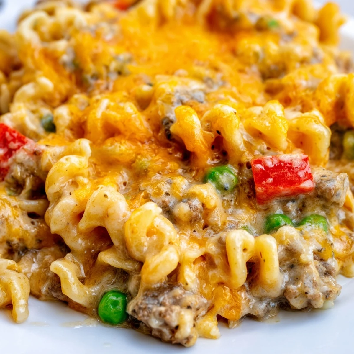 Creamy Cheesy Beef and Noodle Casserole with tender egg noodles in a savory beef sauce
