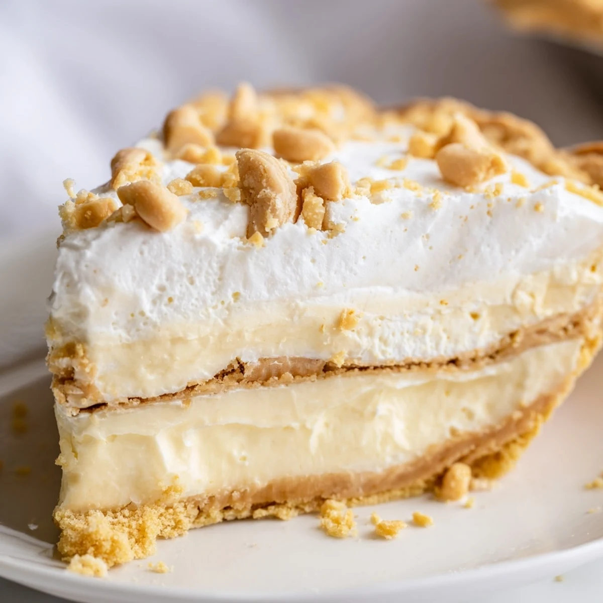 Creamy Amish peanut butter dream pie topped with whipped cream and golden crumb topping