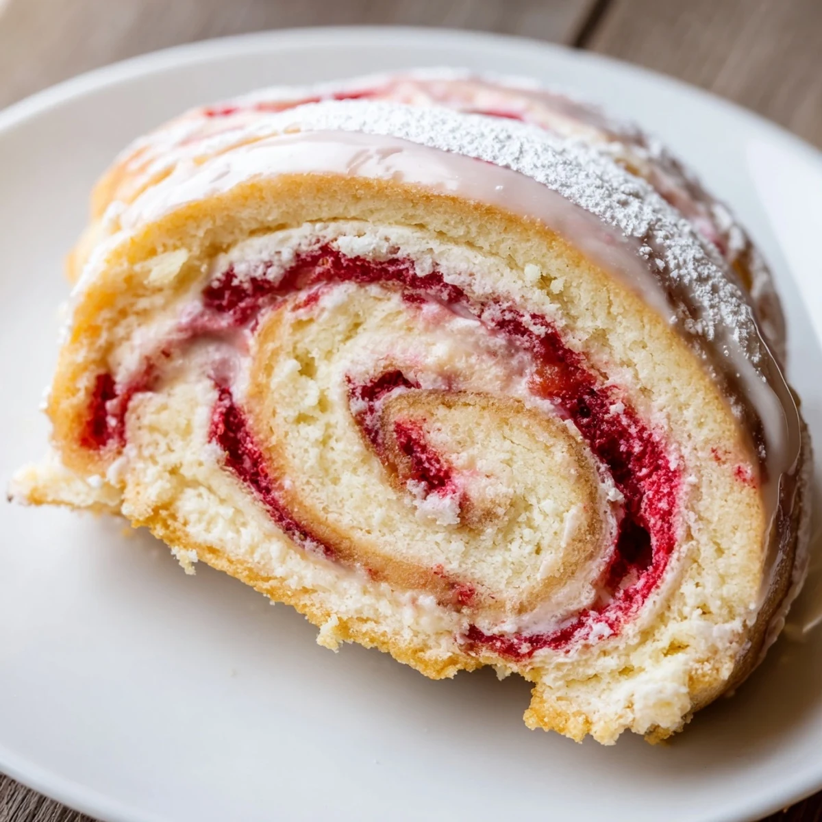 Golden Strawberry Shortcake Cheesecake Rolls drizzled with sweet vanilla glaze on a white platter