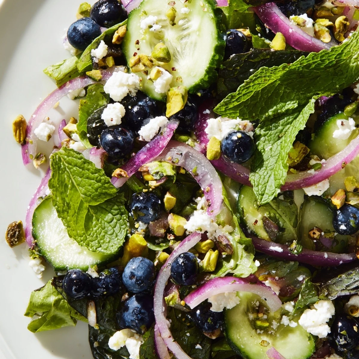 Blueberry Pistachio Spring Salad topped with crumbled feta and fresh mint leaves