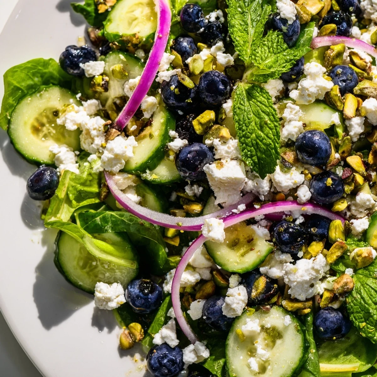 Fresh spring greens loaded with juicy blueberries and crunchy chopped pistachios