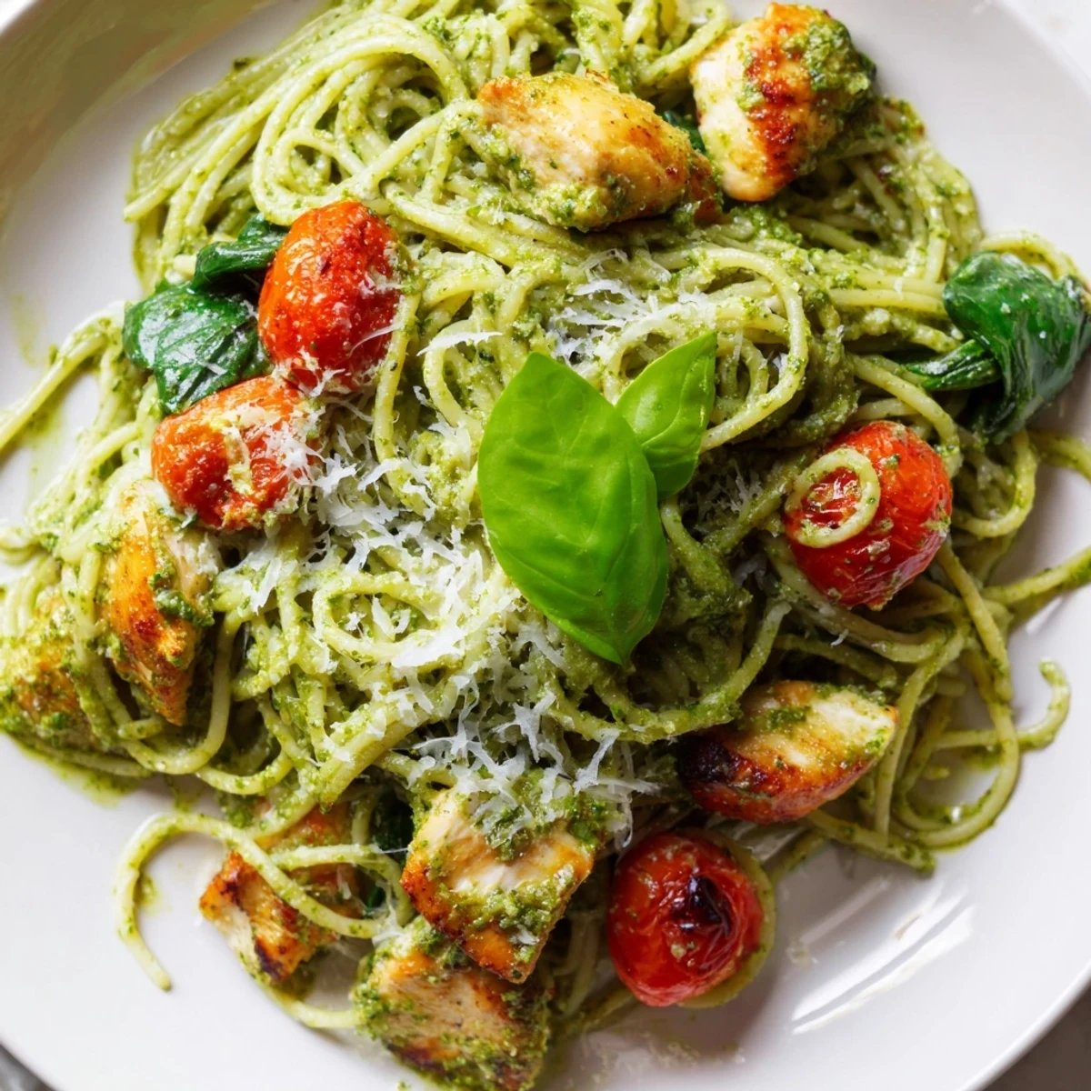 Creamy pesto pasta with chicken served in a white bowl with fresh basil garnish on top