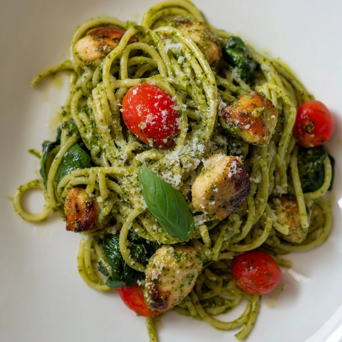 Tender chicken pieces tossed with green pesto pasta and halved cherry tomatoes on a plate