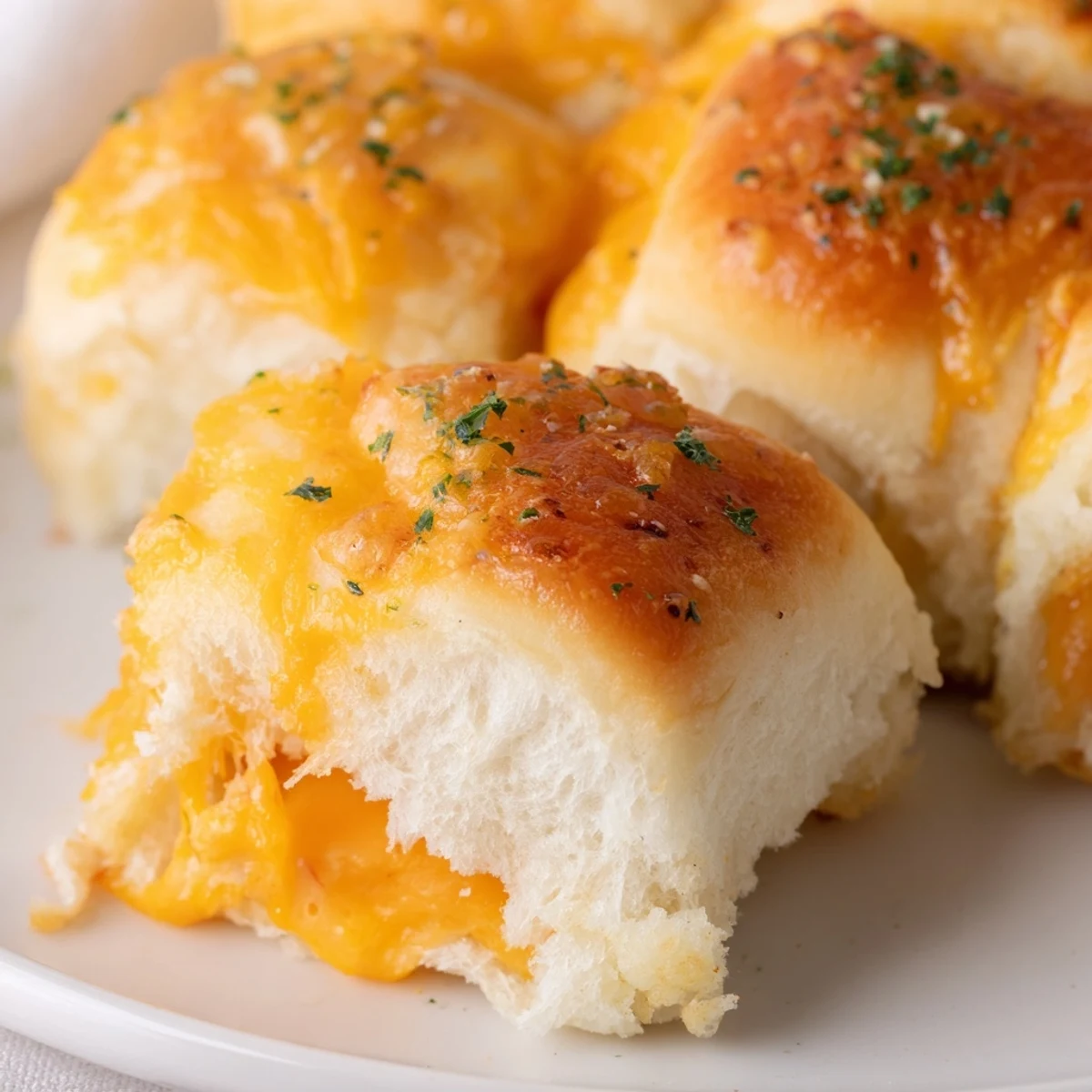 Golden mini grilled cheese Hawaiian rolls with melted cheddar oozing from buttery toasted sweet bread