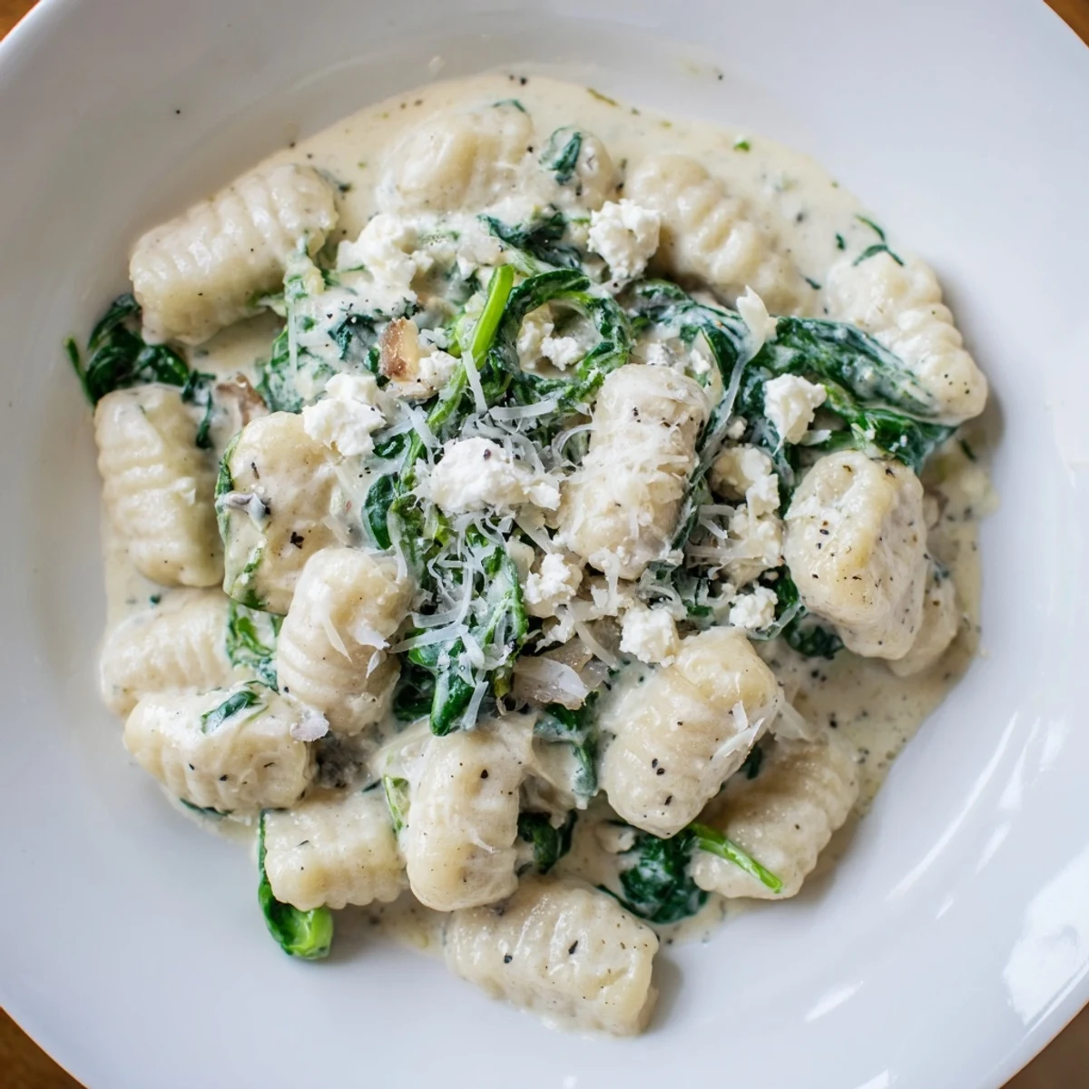 Creamy gnocchi with spinach and feta topped with crumbled cheese in white sauce