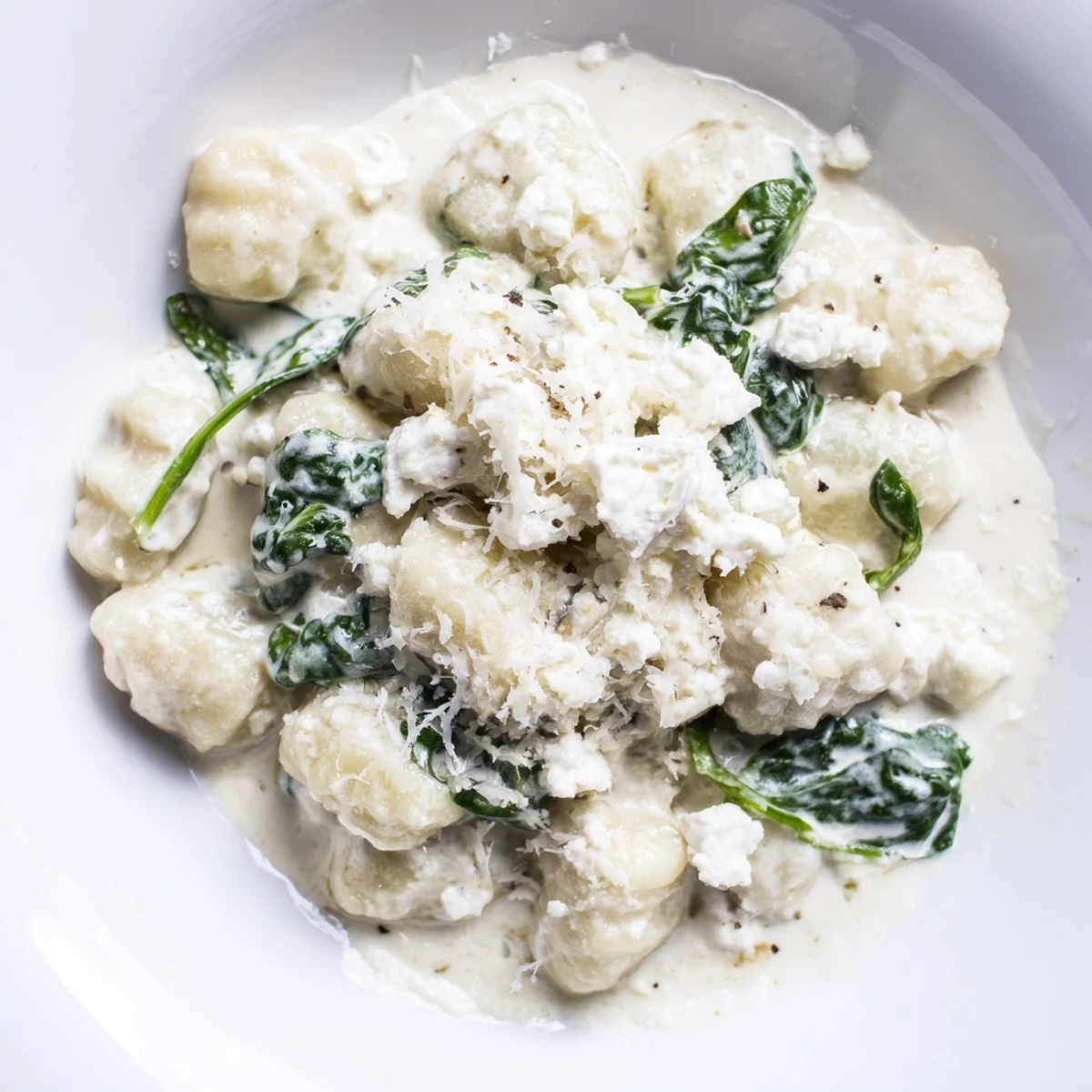 Tender potato gnocchi with spinach and feta glistening in rich creamy sauce
