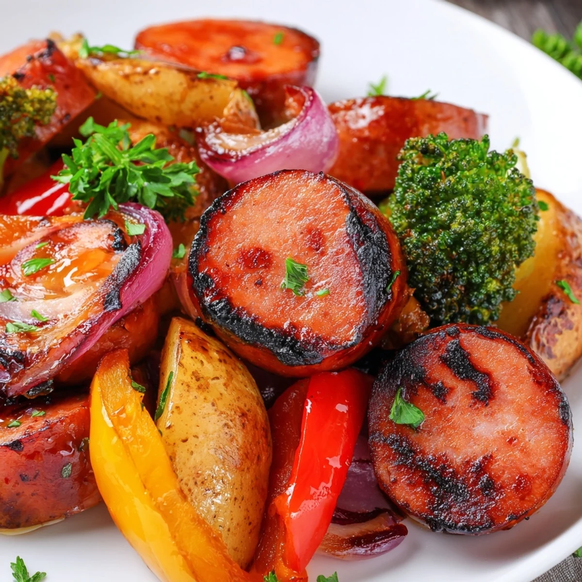 One Pan Honey Garlic Kielbasa Veggies arranged on a parchment-lined sheet pan ready for roasting