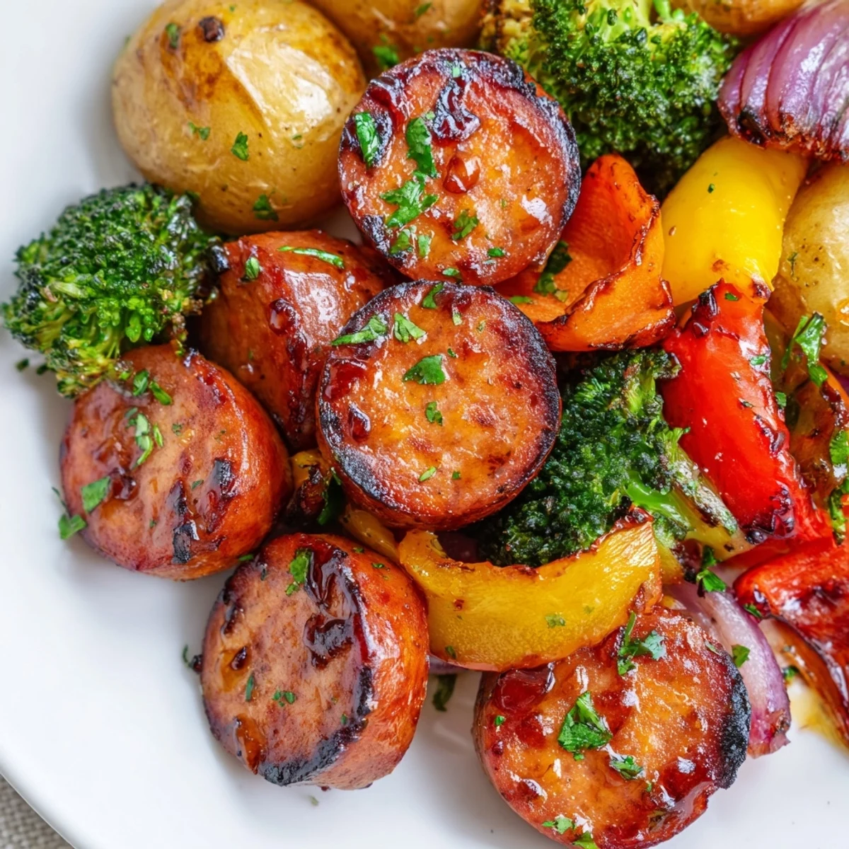 Golden brown One Pan Honey Garlic Kielbasa Veggies with caramelized broccoli and tender roasted potatoes