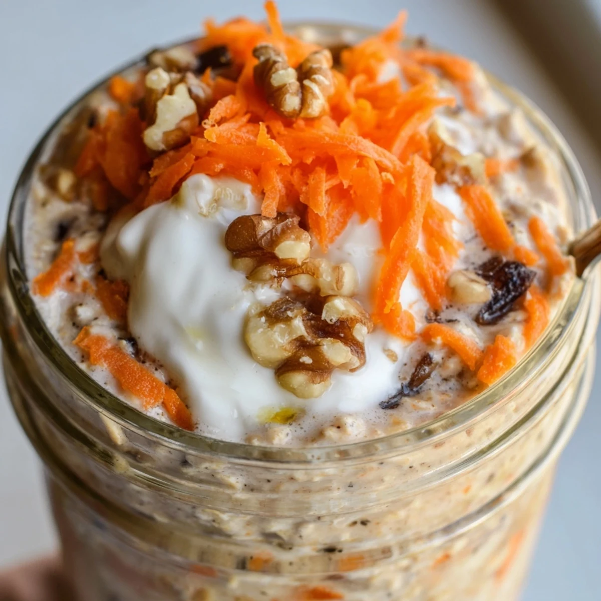Creamy Carrot Cake Overnight Oats topped with crunchy walnuts and a sprinkle of cinnamon