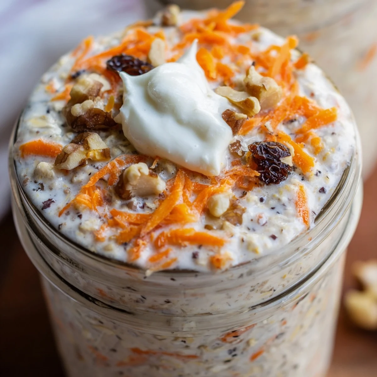 Carrot Cake Overnight Oats in a mason jar with grated carrots and raisins visible