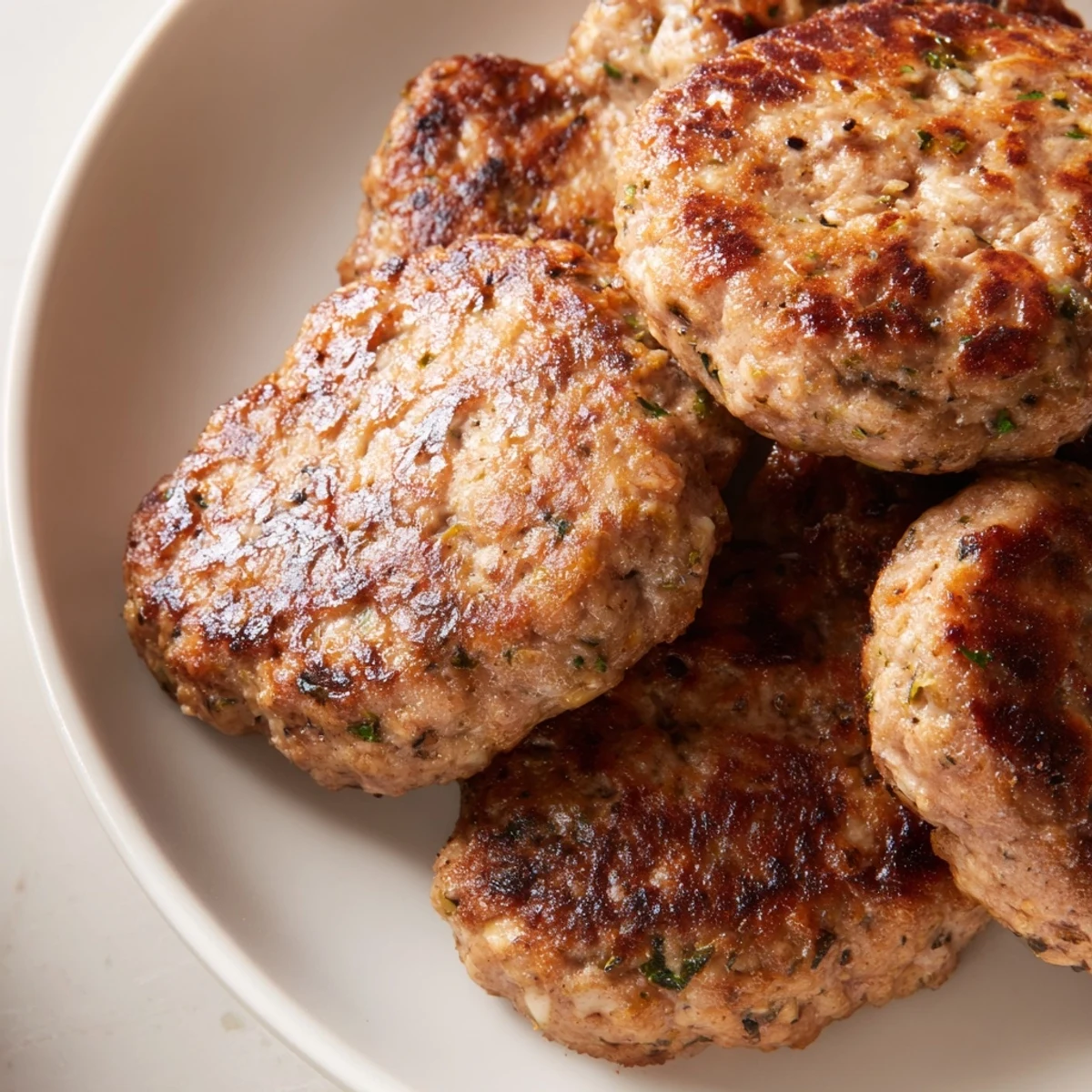 Golden brown ground turkey sausage patties sizzling in a cast iron skillet