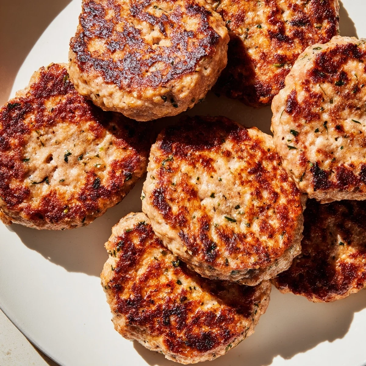 Juicy homemade ground turkey sausage patties garnished with fresh parsley and spices