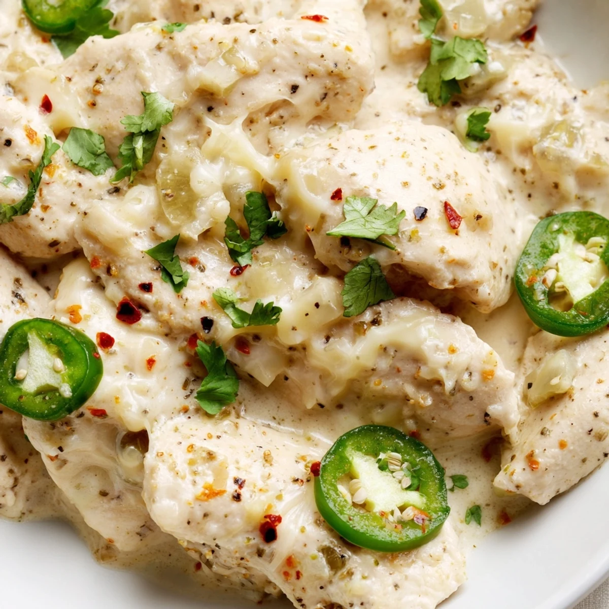 Spicy jalapeno chicken skillet with rich cream sauce served over fluffy white rice