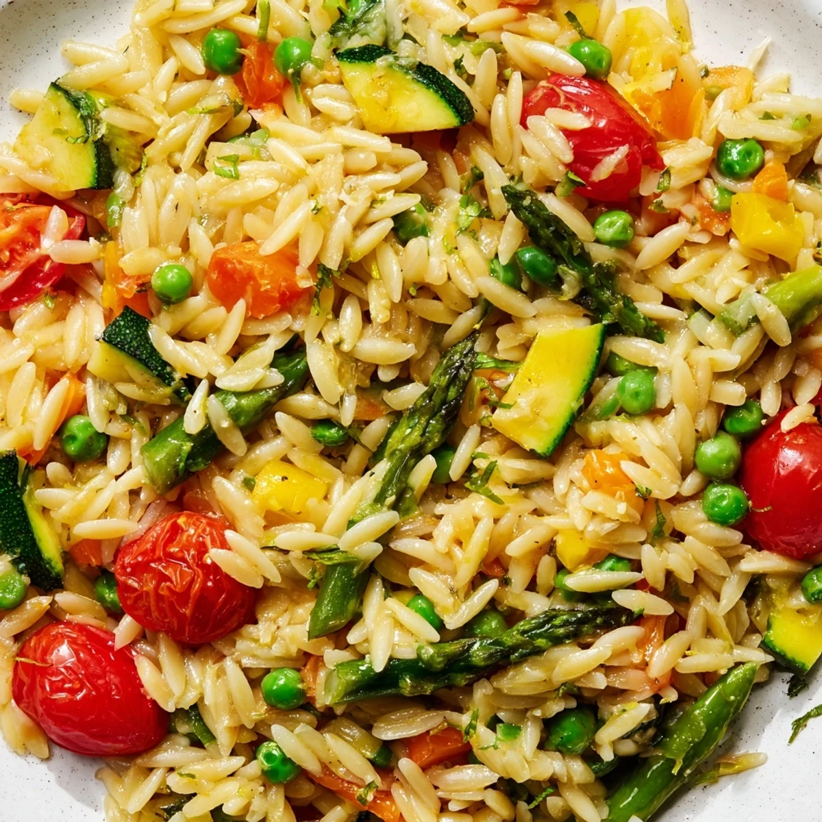 Creamy orzo primavera with tender vegetables and fresh herbs in a white bowl