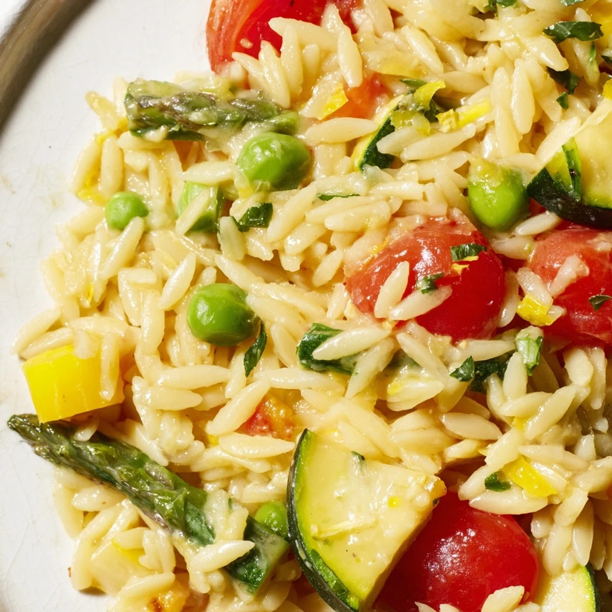 Orzo primavera studded with colorful spring vegetables and sprinkled with Parmesan cheese