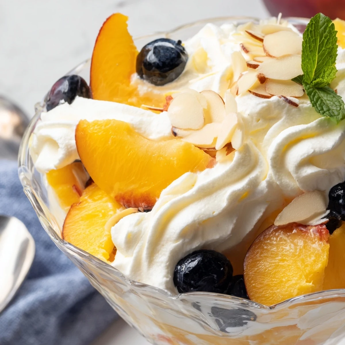Fresh peaches and cream salad topped with whipped cream and mint leaves