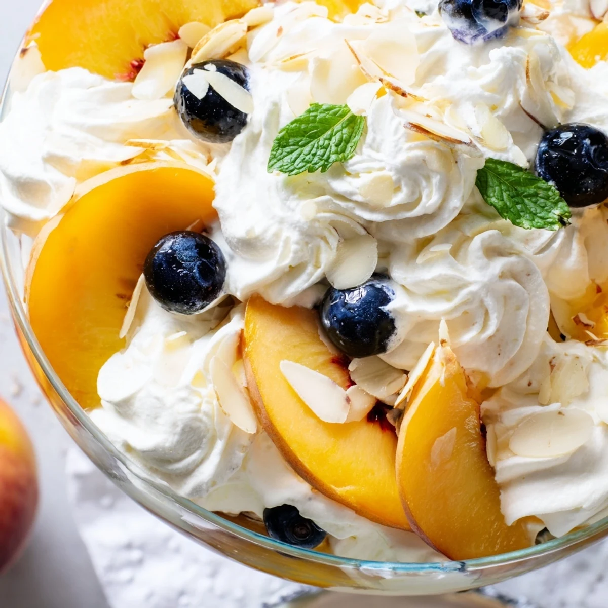 Creamy peaches and cream salad layered with ripe summer fruit in glass