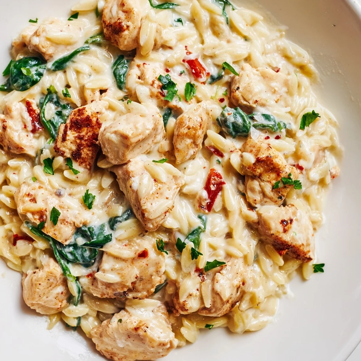 Creamy Cajun chicken Alfredo orzo in a skillet topped with fresh parsley