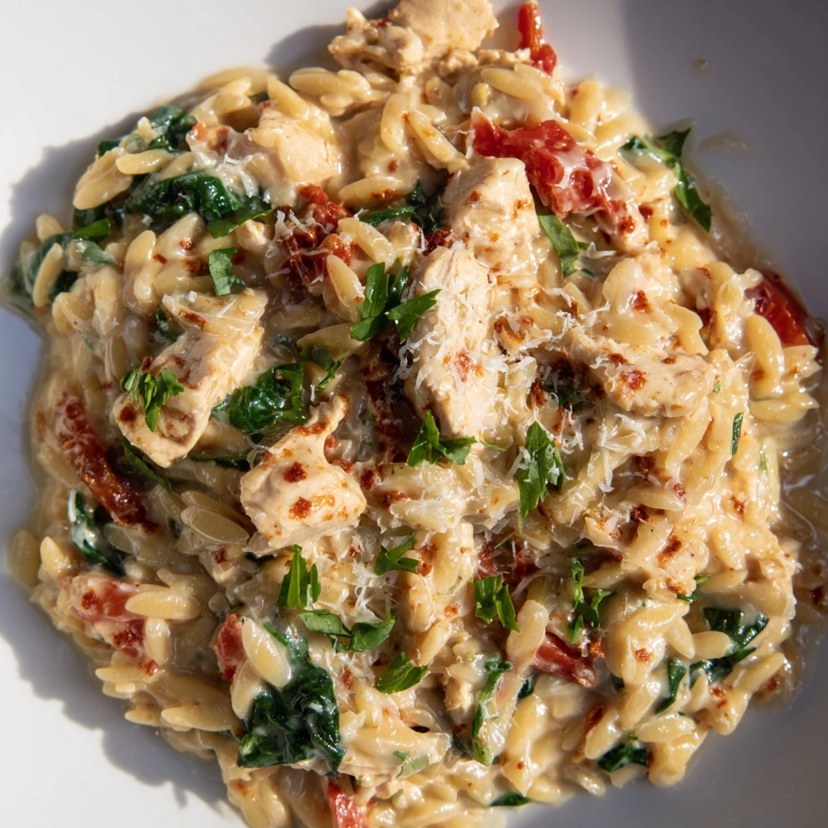 Golden brown Cajun chicken Alfredo orzo with melted Parmesan and wilted spinach throughout