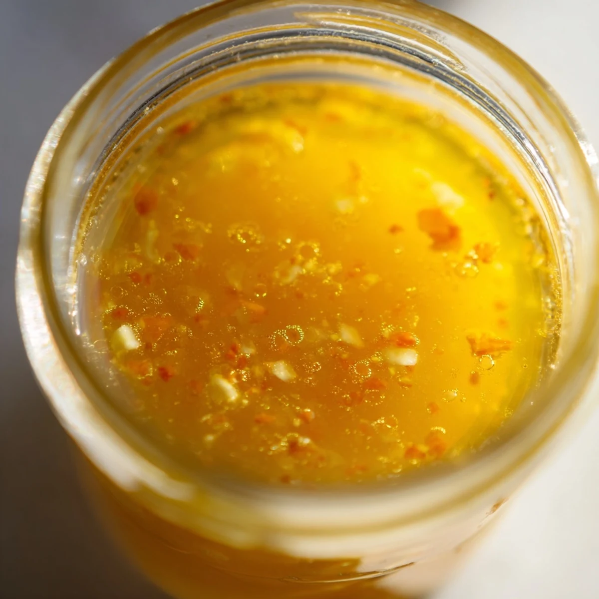 Golden citrus vinaigrette drizzling over mixed greens in a rustic wooden salad bowl