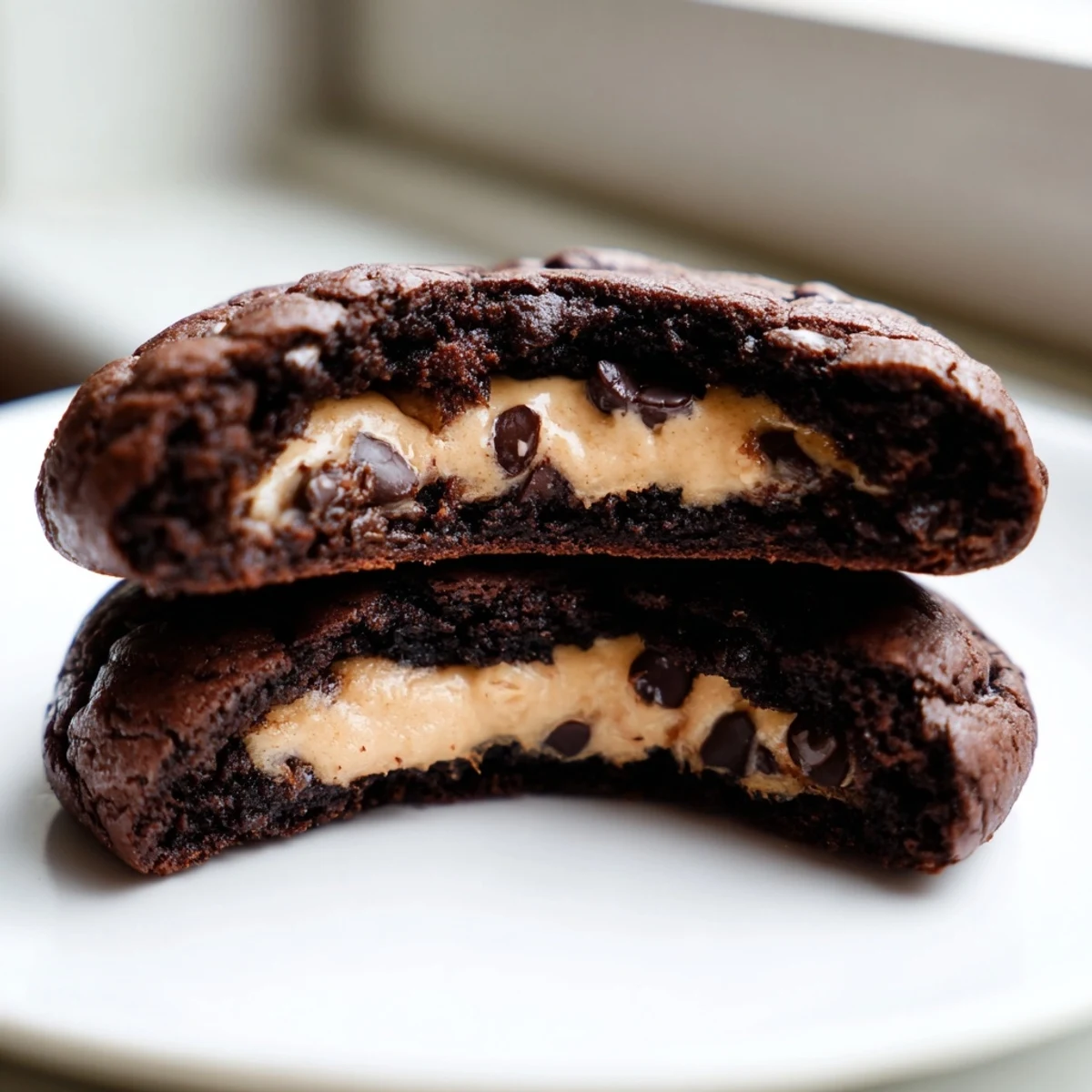 Fudgy brownie cookies stuffed with cookie dough on a rustic wooden serving board