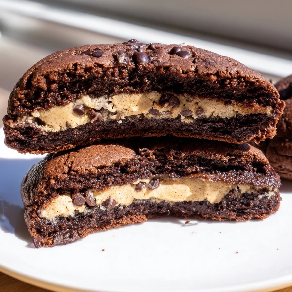 Chewy fudgy brownie cookies stuffed with cookie dough cooling on a baking sheet