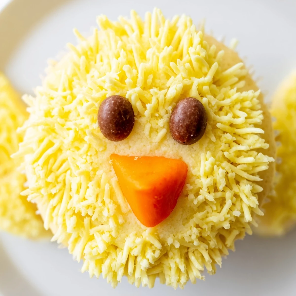 Festive Easter chick cupcakes topped with swirled yellow buttercream and chocolate chip eyes