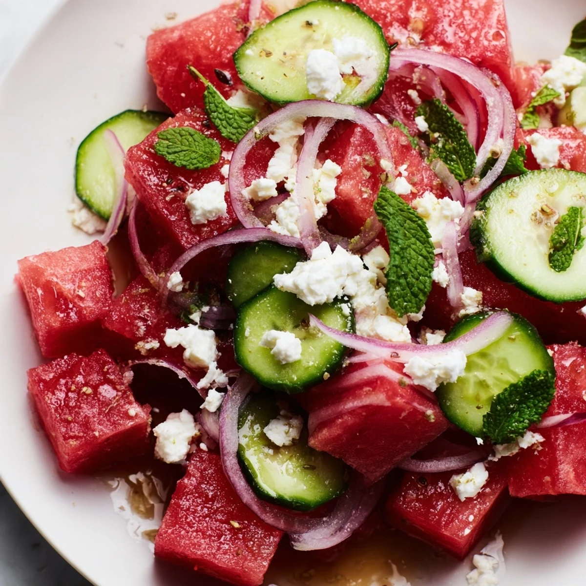 Watermelon feta salad with crisp cucumber and fresh mint on white plate