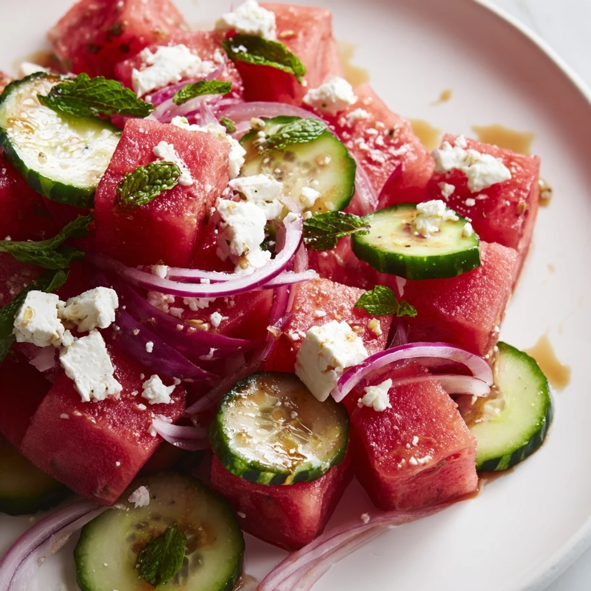 Creamy feta crumbles over juicy watermelon cubes with red onion slices
