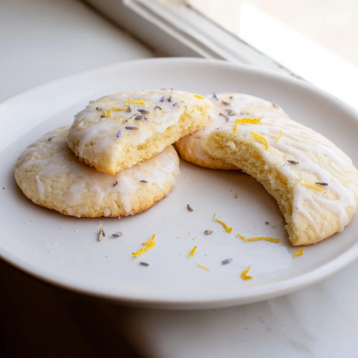 Soft lemon lavender cookies with golden edges arranged on a rustic white ceramic plate