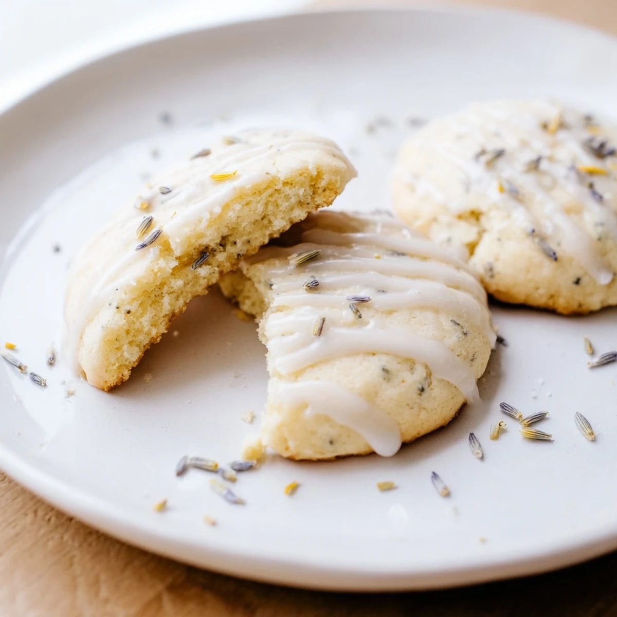 Chewy lemon lavender cookies topped with sweet citrus glaze on a cooling wire rack