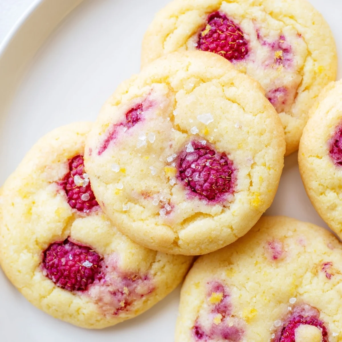 Soft Lemon Raspberry Cookies with golden edges and juicy berry pieces on a rustic baking sheet