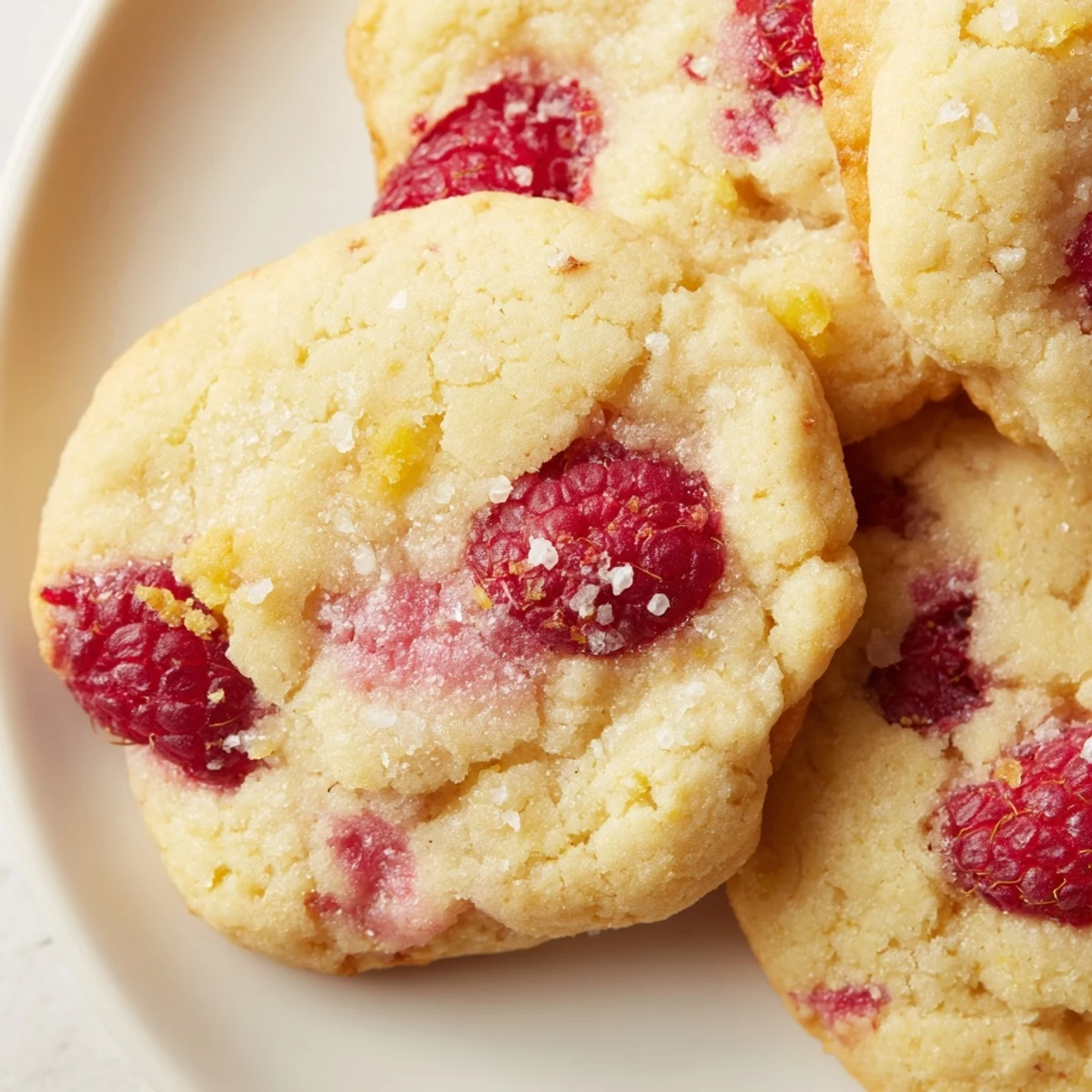Fresh Lemon Raspberry Cookies arranged on a white plate with zesty citrus glaze drizzle