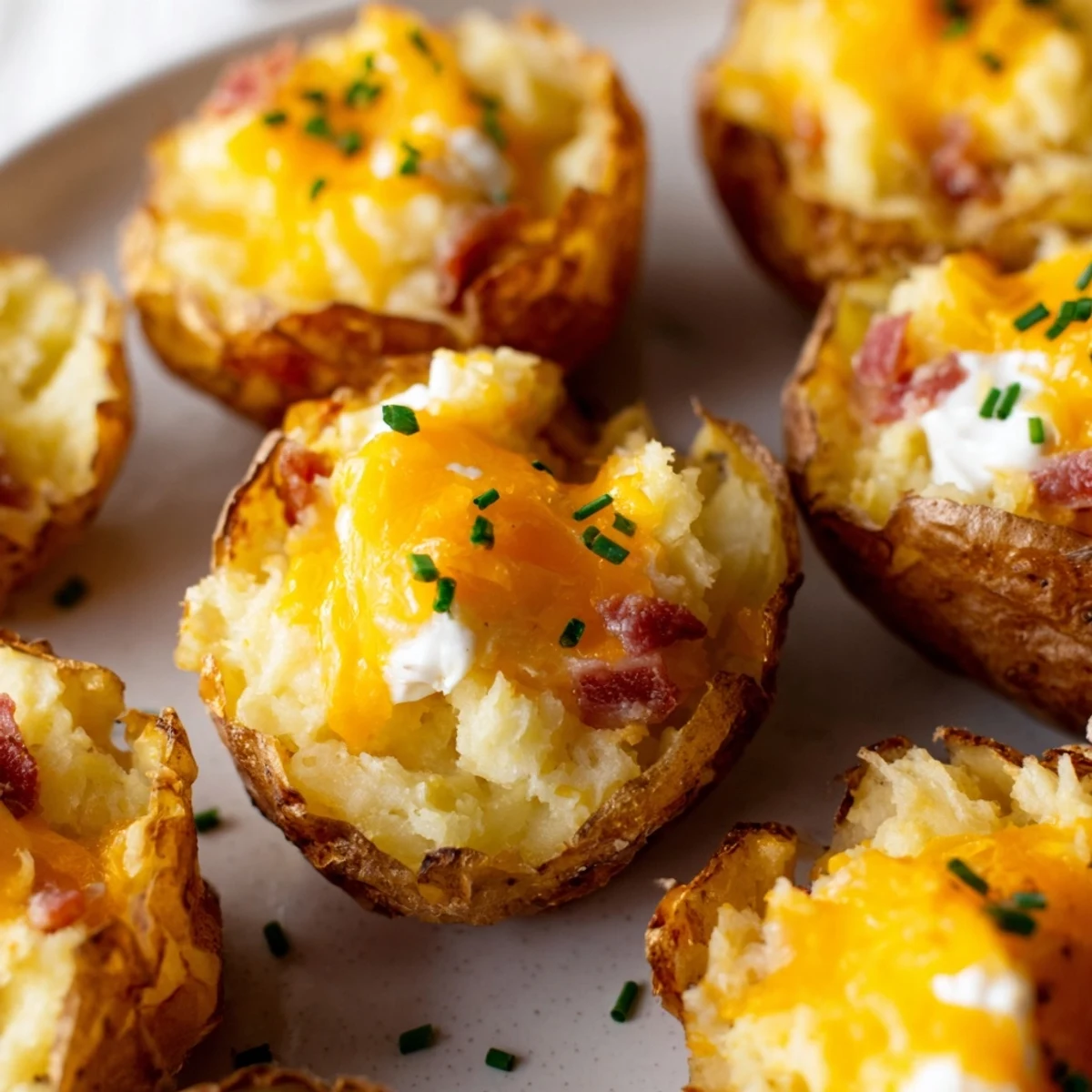 Golden Irish Potato Bites topped with melted cheddar cheese and fresh green chives