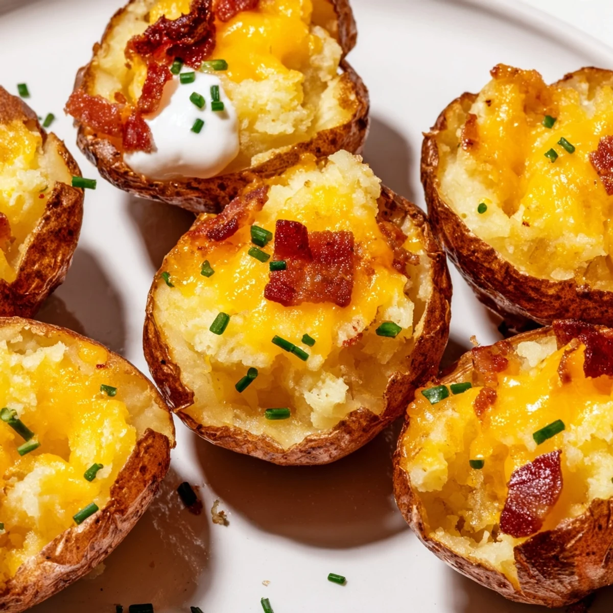 Crispy Irish Potato Bites filled with creamy bacon and cheddar on white platter